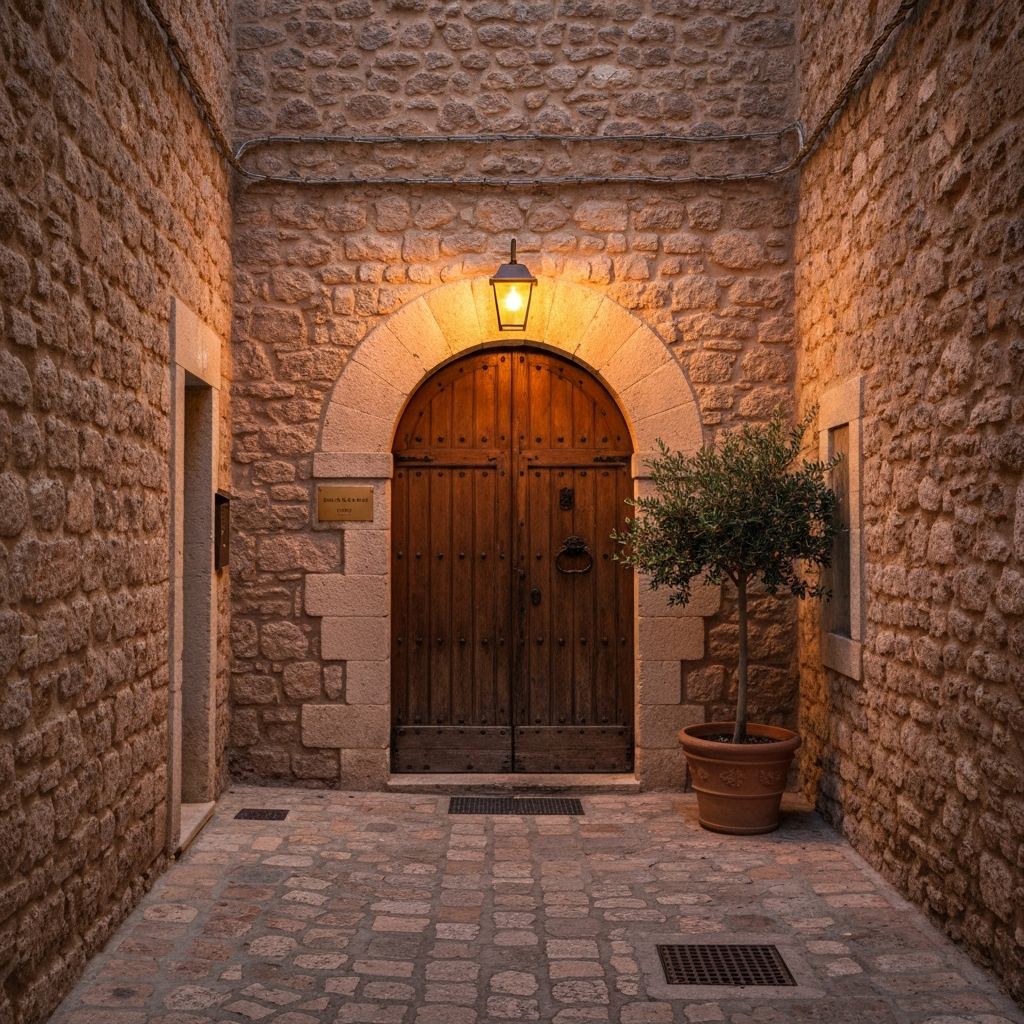 A discreet boutique hotel entrance on a narrow cobblestone alley at dusk