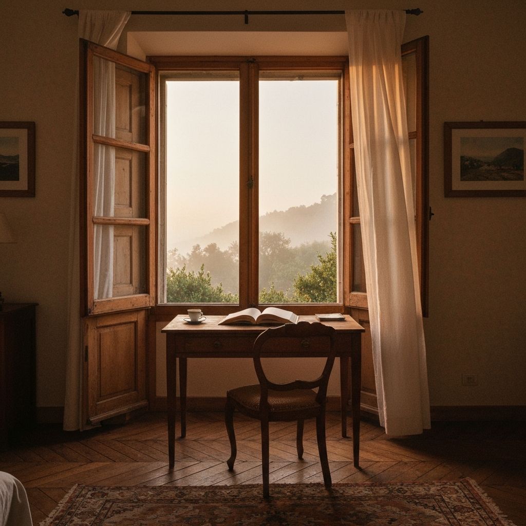 A hotel room at dawn with open shutters and morning light