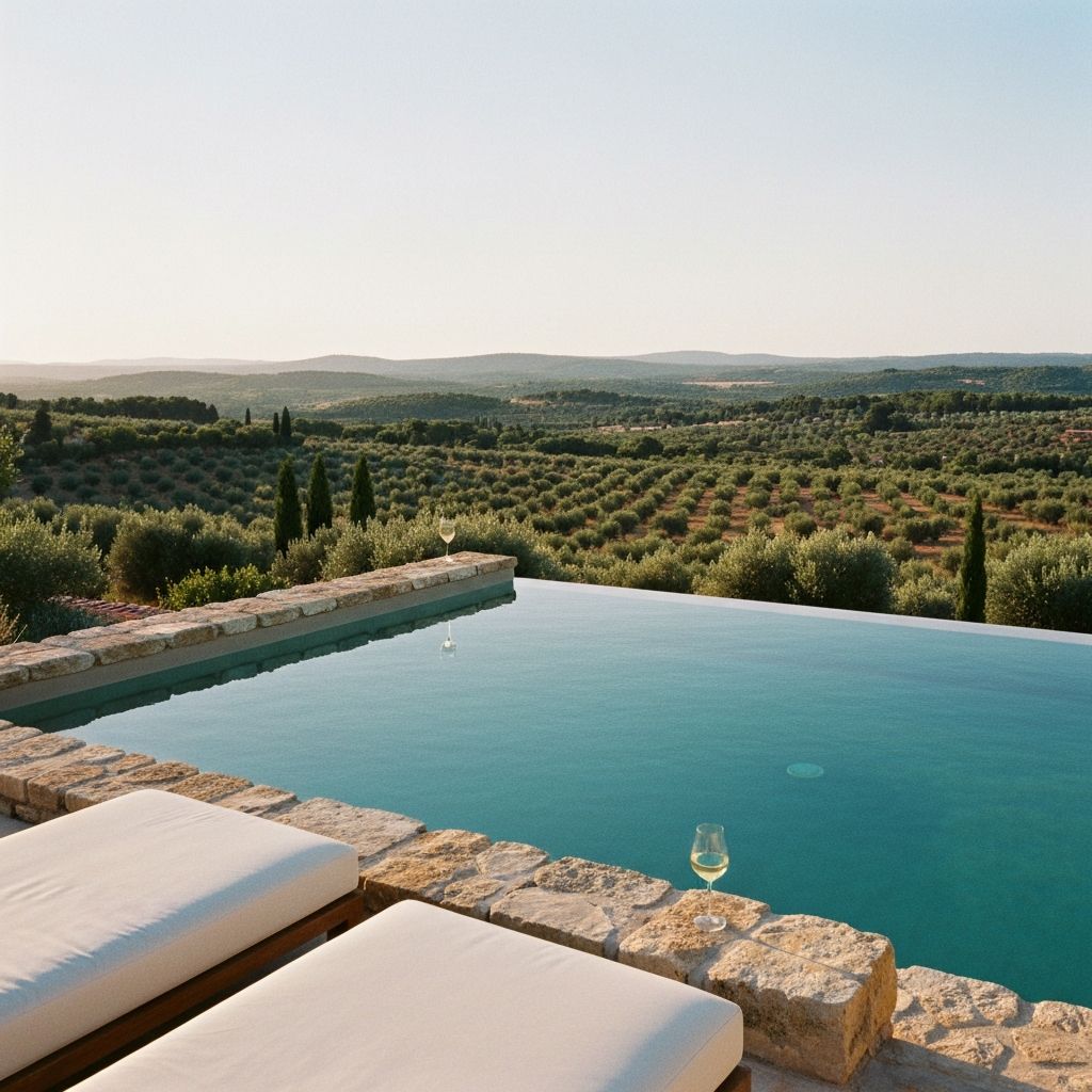 A private infinity pool at a hilltop boutique hotel overlooking an olive-grove valley